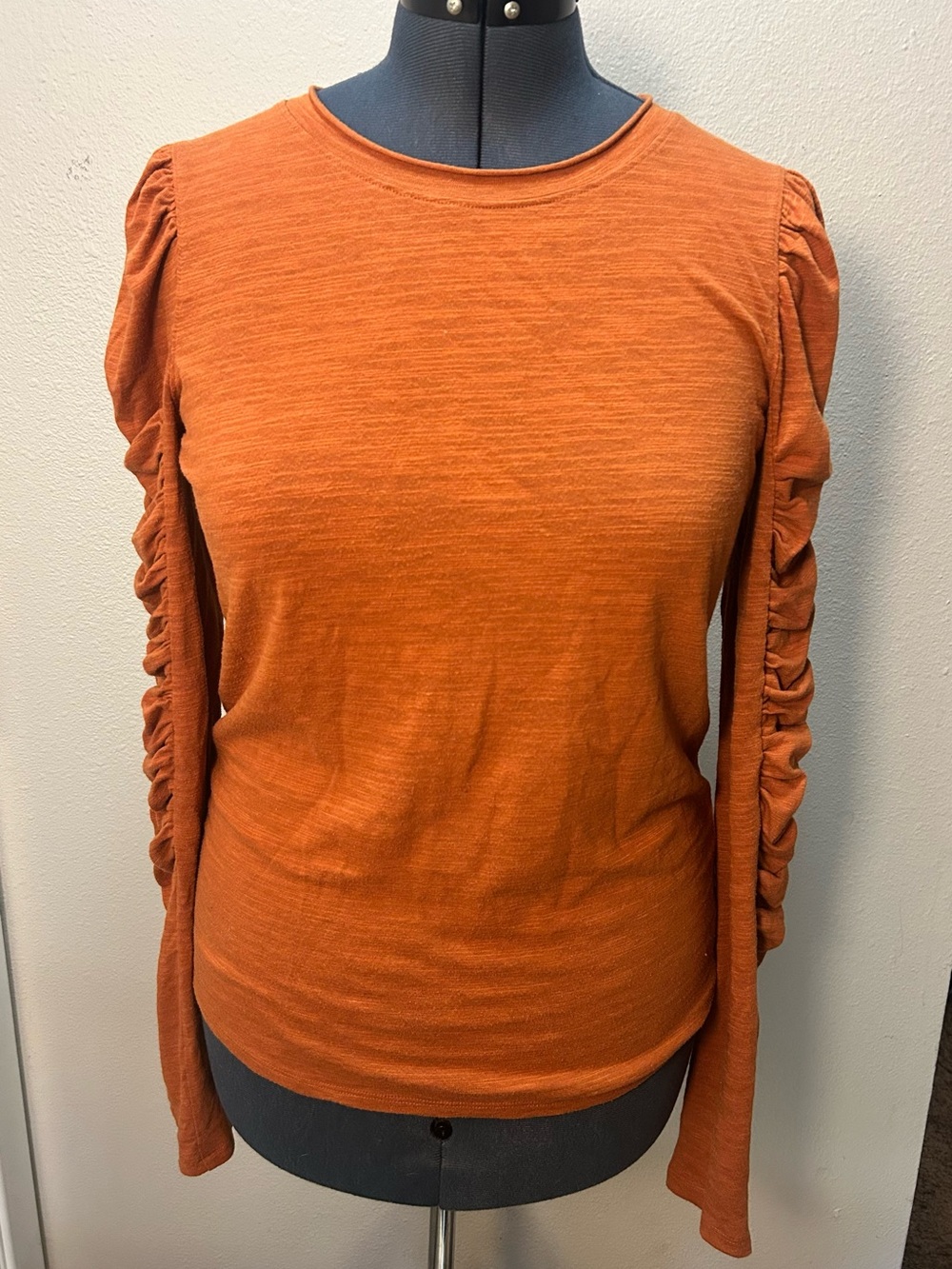 We The Free People Terracotta Rust Ruched Long Sleeve Slub Knit Top Size L